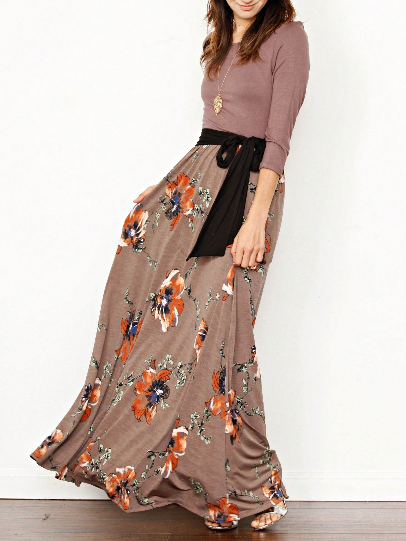 Multi Chevron Stripe Floral Sleeve Maxi Long Dress With Pocket | S-3X