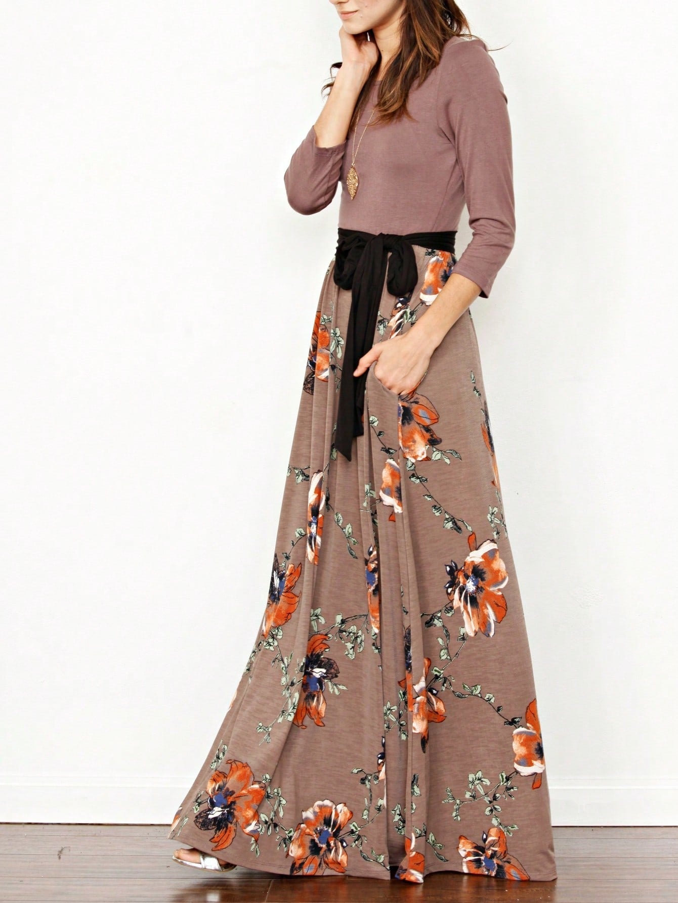 Multi Chevron Stripe Floral Sleeve Maxi Long Dress With Pocket | S-3X