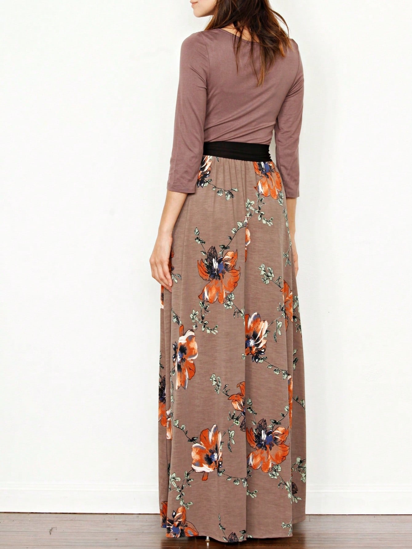 Multi Chevron Stripe Floral Sleeve Maxi Long Dress With Pocket | S-3X