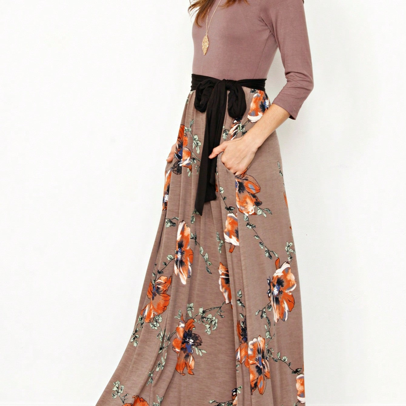 Multi Chevron Stripe Floral Sleeve Maxi Long Dress With Pocket | S-3X