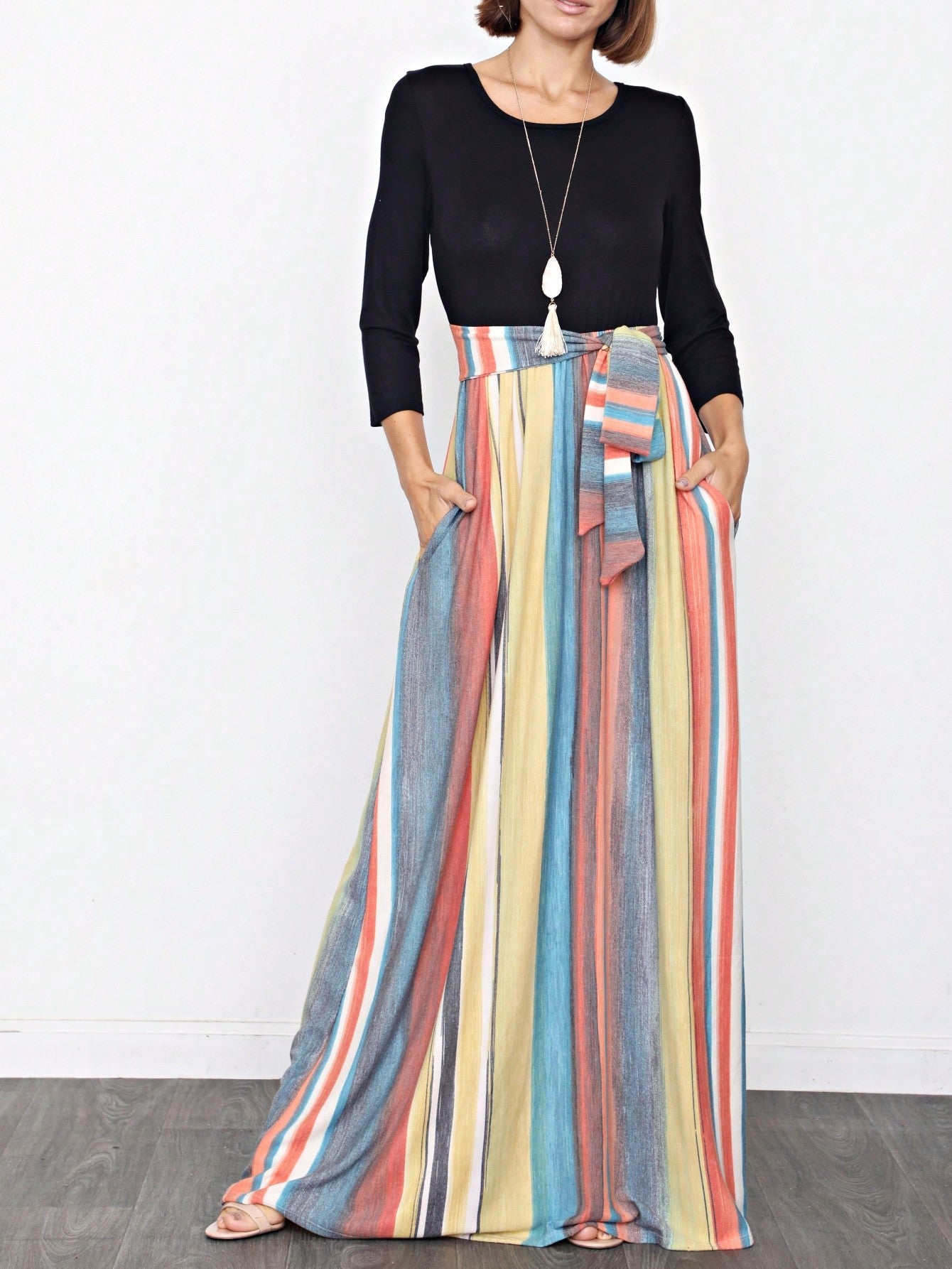 Multi Chevron Stripe Floral Sleeve Maxi Long Dress With Pocket | S-3X