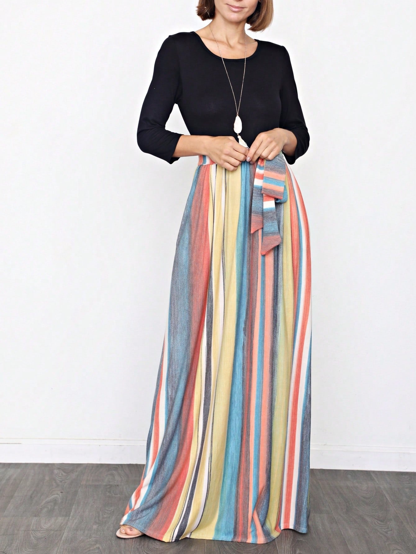 Multi Chevron Stripe Floral Sleeve Maxi Long Dress With Pocket | S-3X