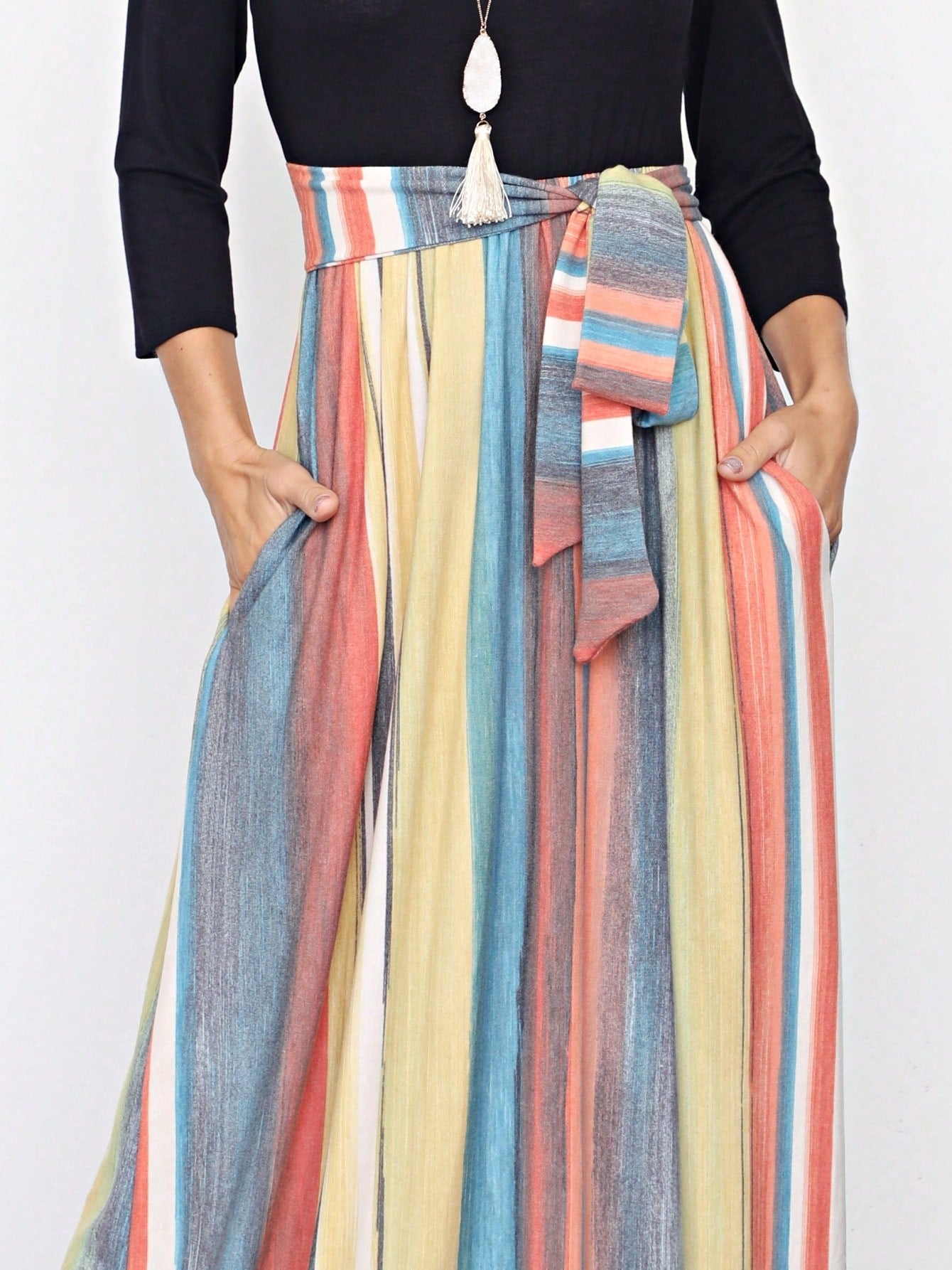 Multi Chevron Stripe Floral Sleeve Maxi Long Dress With Pocket | S-3X