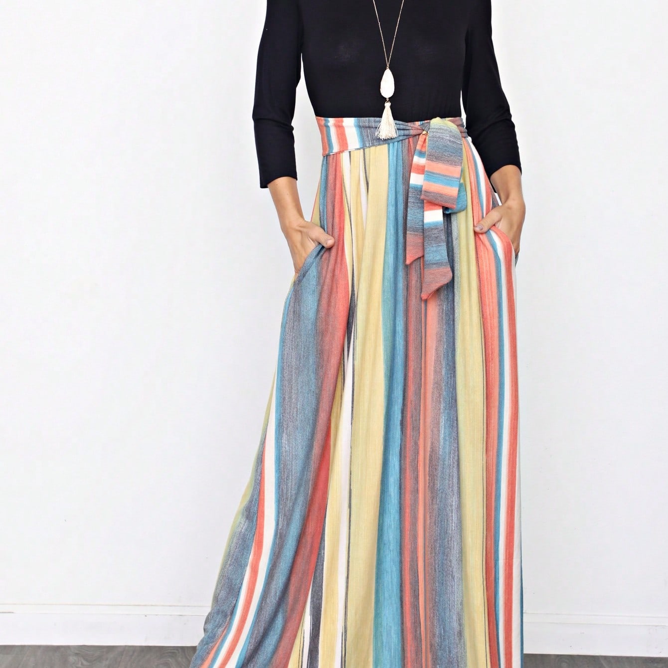 Multi Chevron Stripe Floral Sleeve Maxi Long Dress With Pocket | S-3X