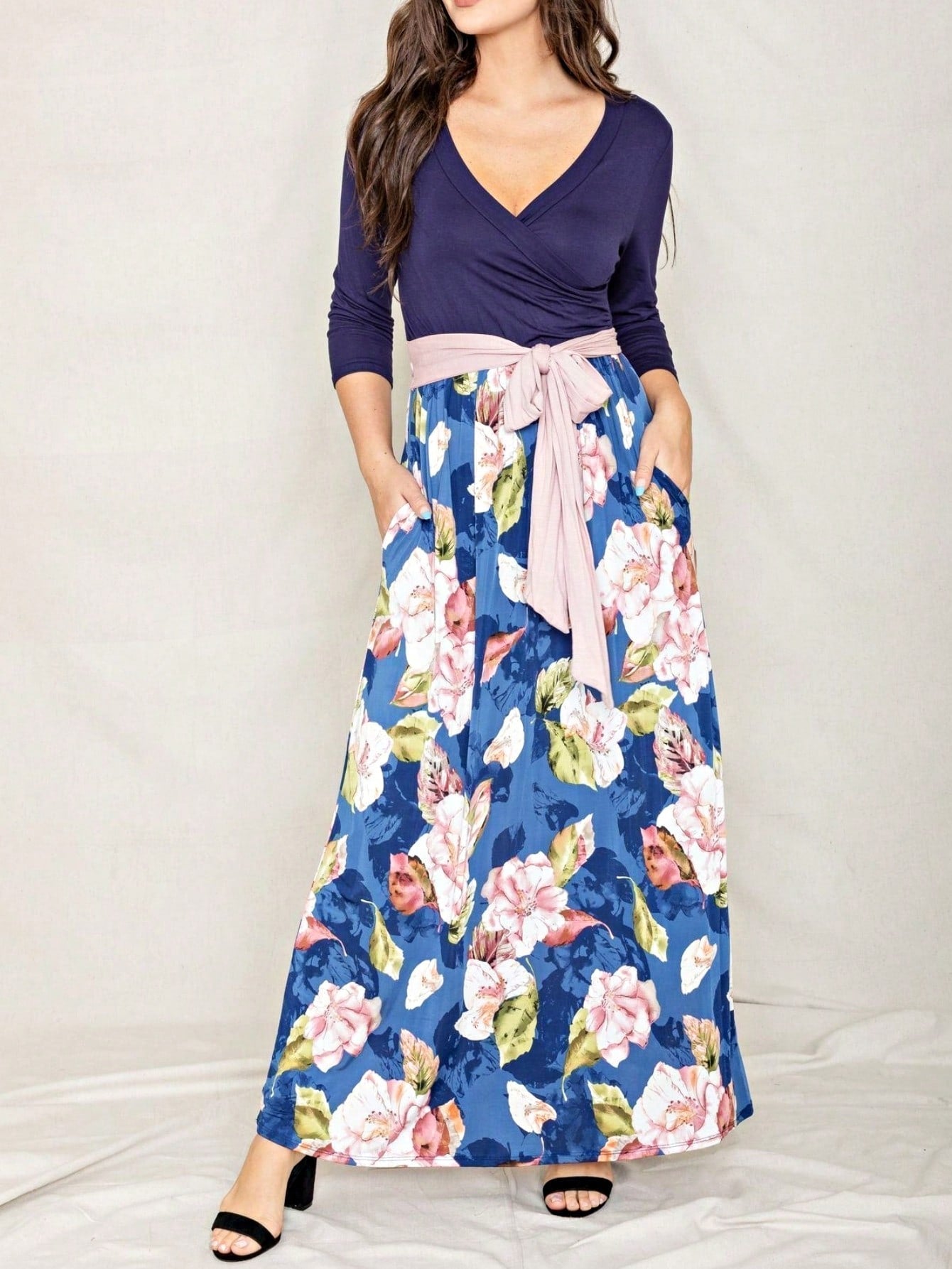 Multi Chevron Stripe Floral Sleeve Maxi Long Dress With Pocket | S-3X