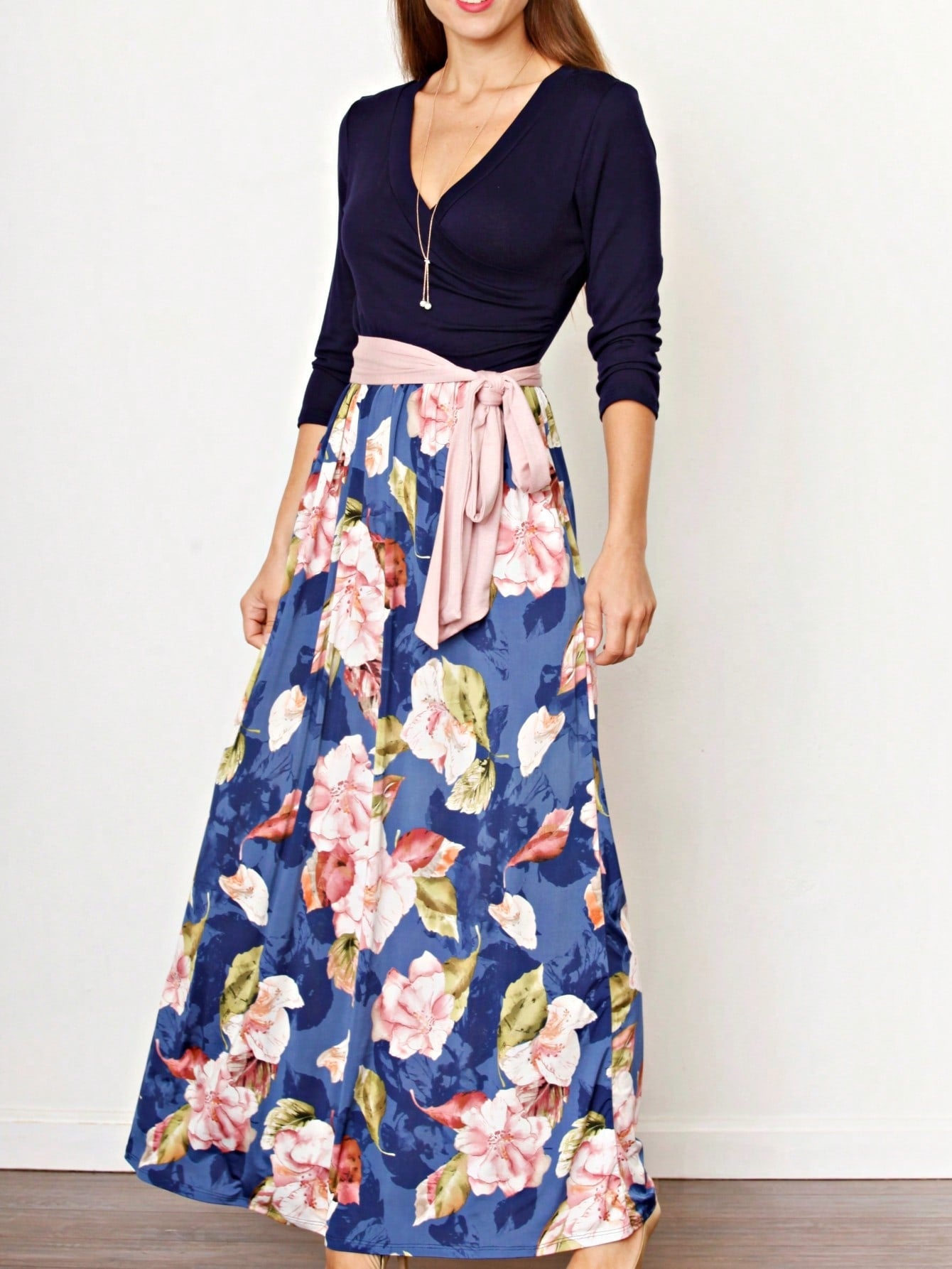 Multi Chevron Stripe Floral Sleeve Maxi Long Dress With Pocket | S-3X