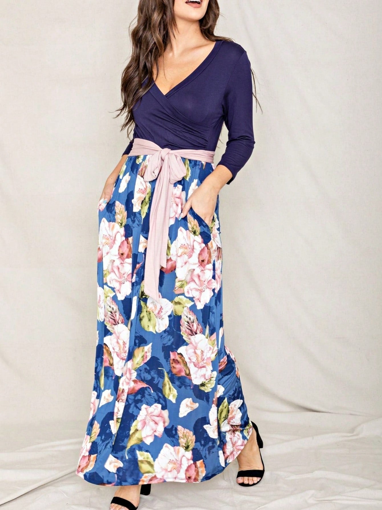 Multi Chevron Stripe Floral Sleeve Maxi Long Dress With Pocket | S-3X