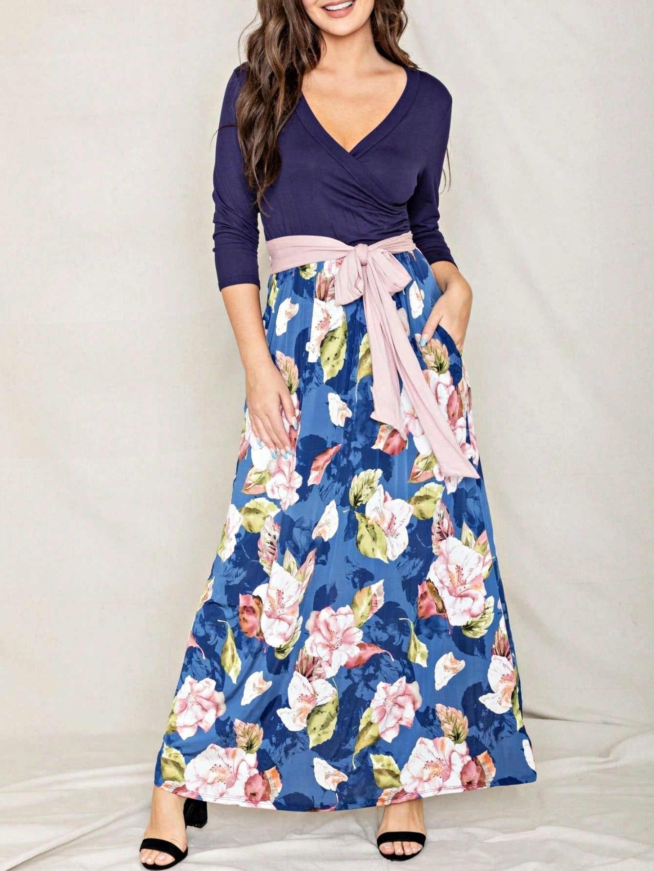 Multi Chevron Stripe Floral Sleeve Maxi Long Dress With Pocket | S-3X