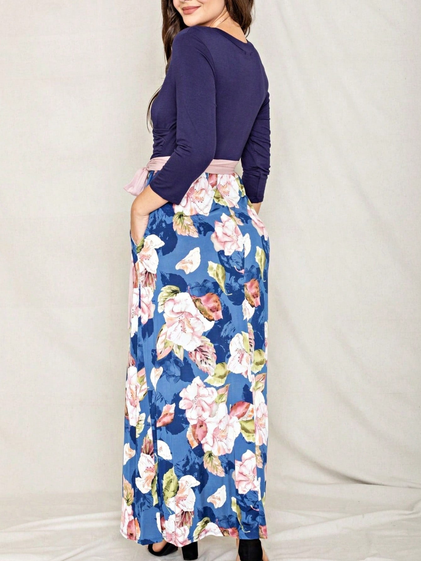 Multi Chevron Stripe Floral Sleeve Maxi Long Dress With Pocket | S-3X