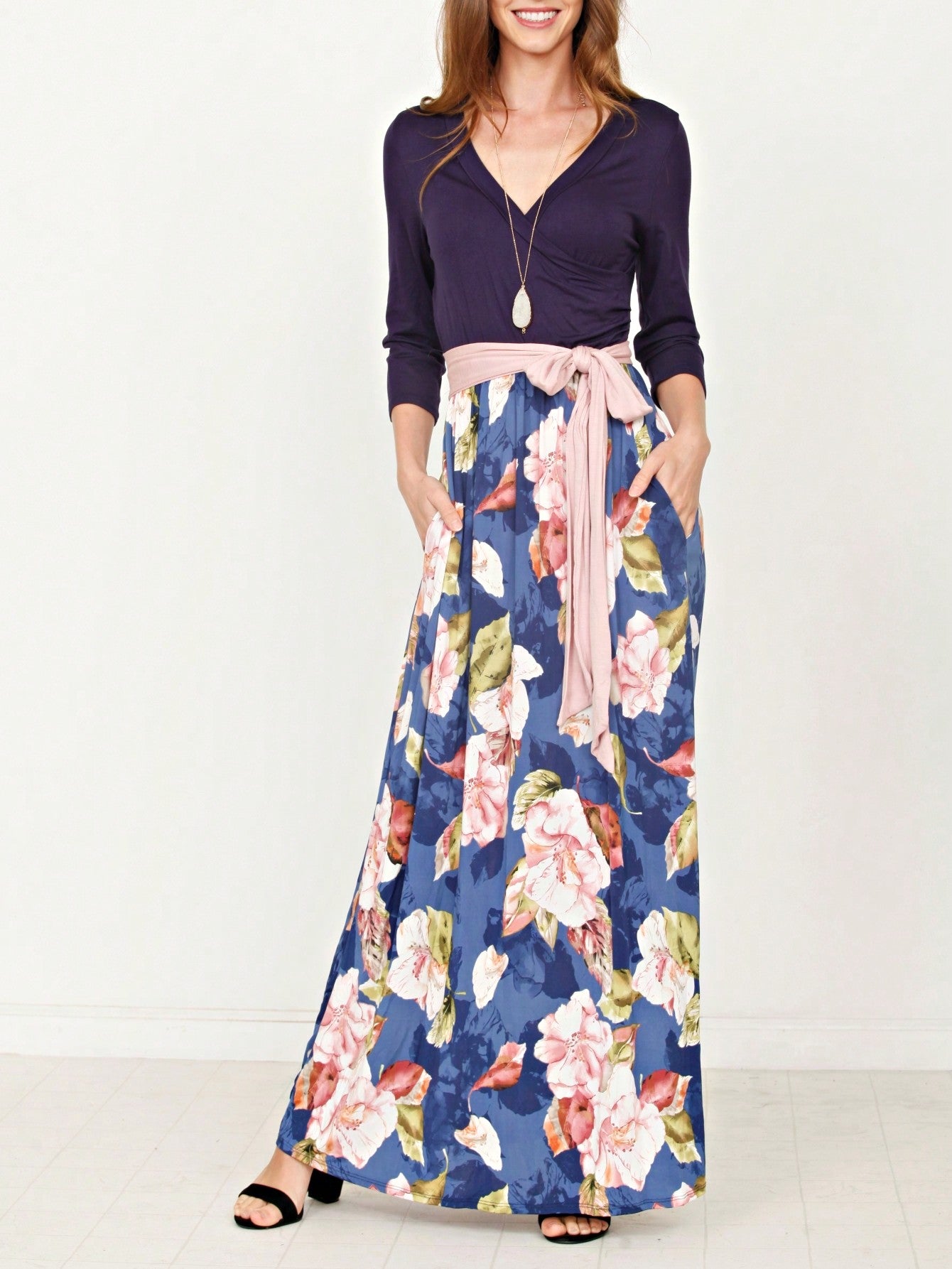Multi Chevron Stripe Floral Sleeve Maxi Long Dress With Pocket | S-3X