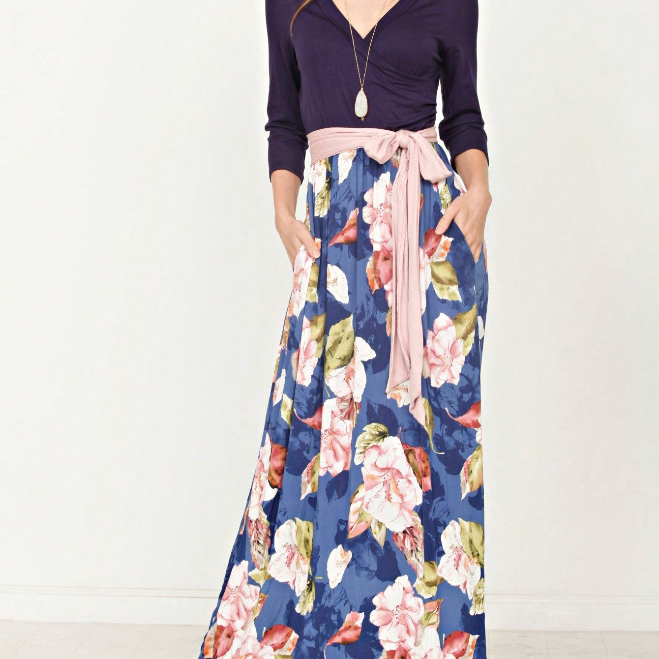 Multi Chevron Stripe Floral Sleeve Maxi Long Dress With Pocket | S-3X