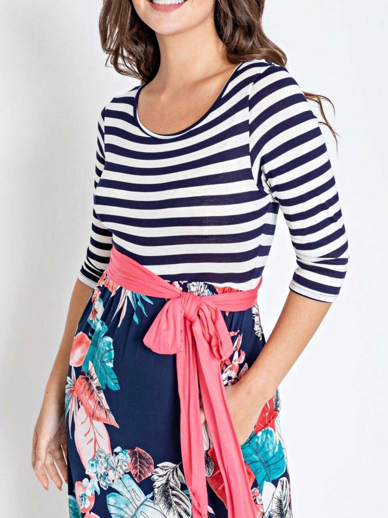 Multi Chevron Stripe Floral Sleeve Maxi Long Dress With Pocket | S-3X