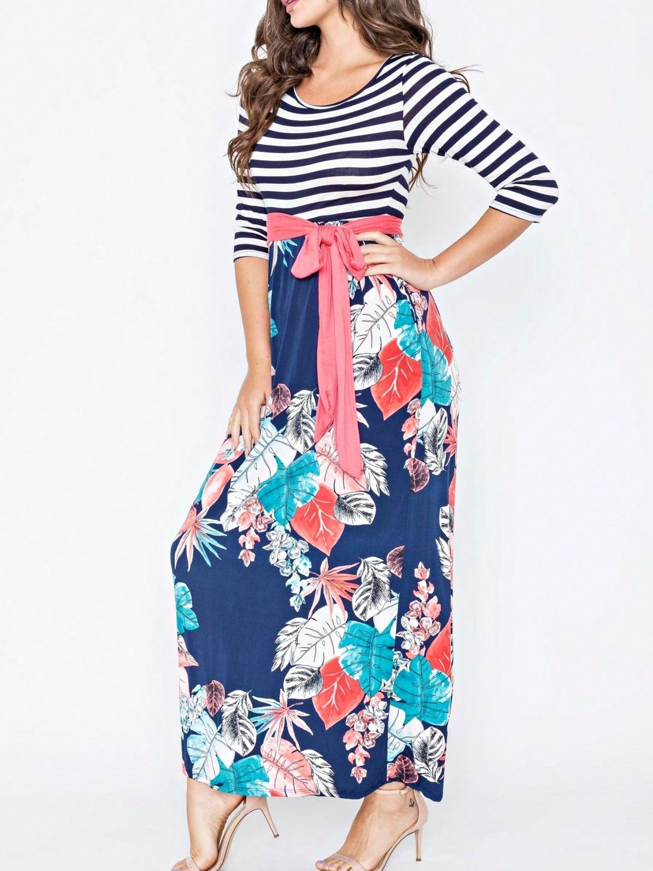 Multi Chevron Stripe Floral Sleeve Maxi Long Dress With Pocket | S-3X