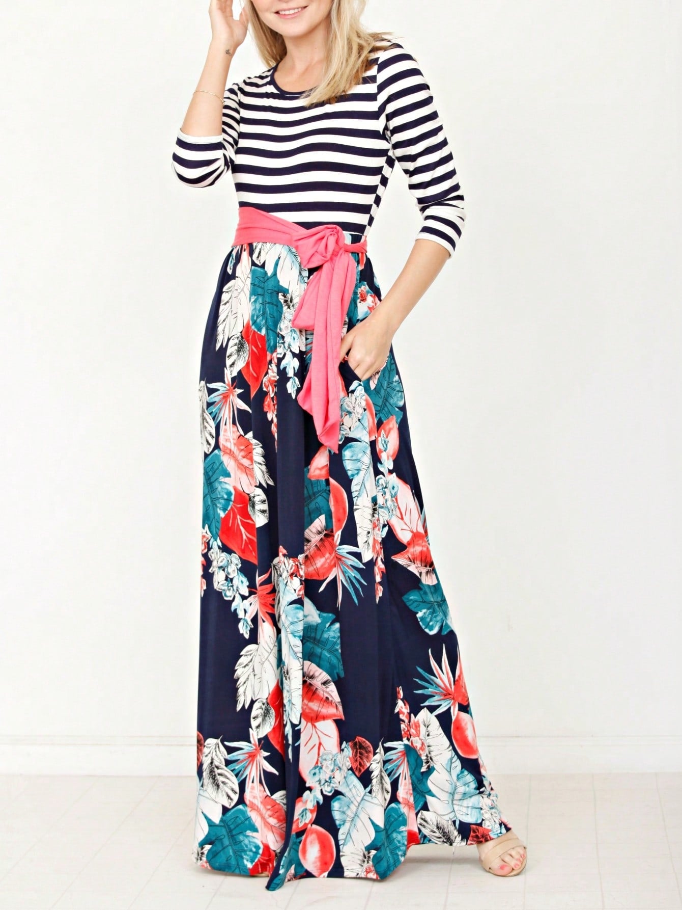 Multi Chevron Stripe Floral Sleeve Maxi Long Dress With Pocket | S-3X