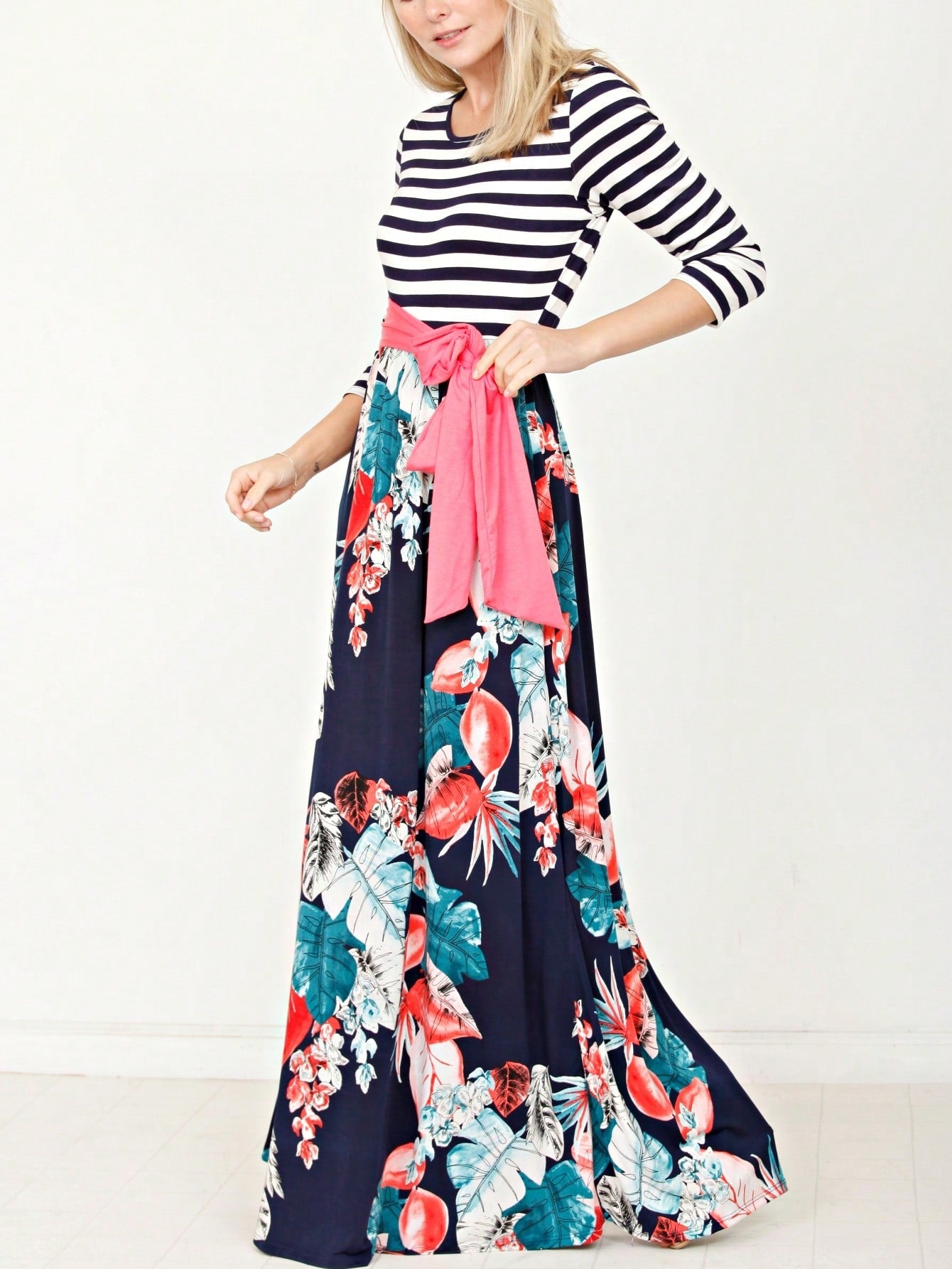 Multi Chevron Stripe Floral Sleeve Maxi Long Dress With Pocket | S-3X