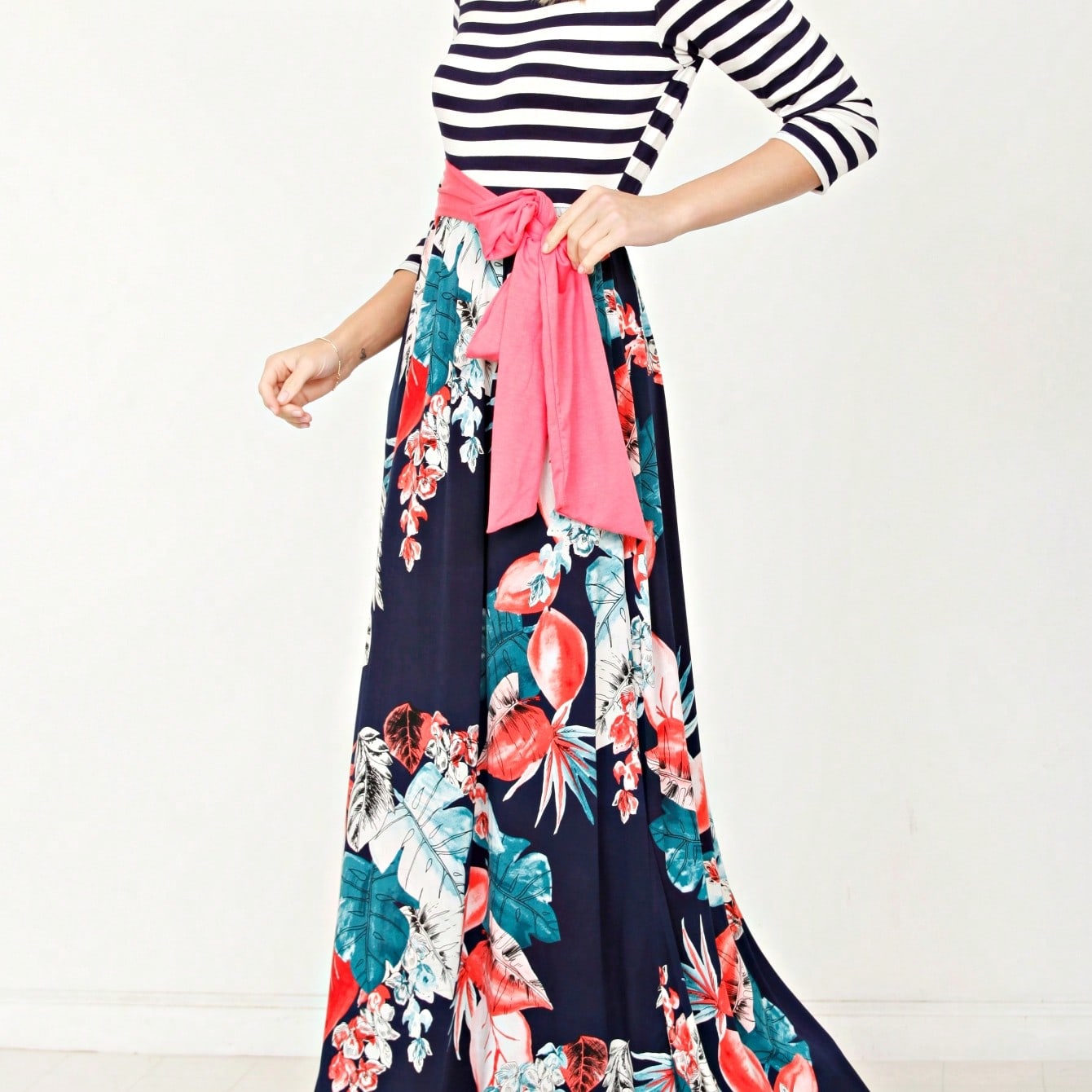 Multi Chevron Stripe Floral Sleeve Maxi Long Dress With Pocket | S-3X