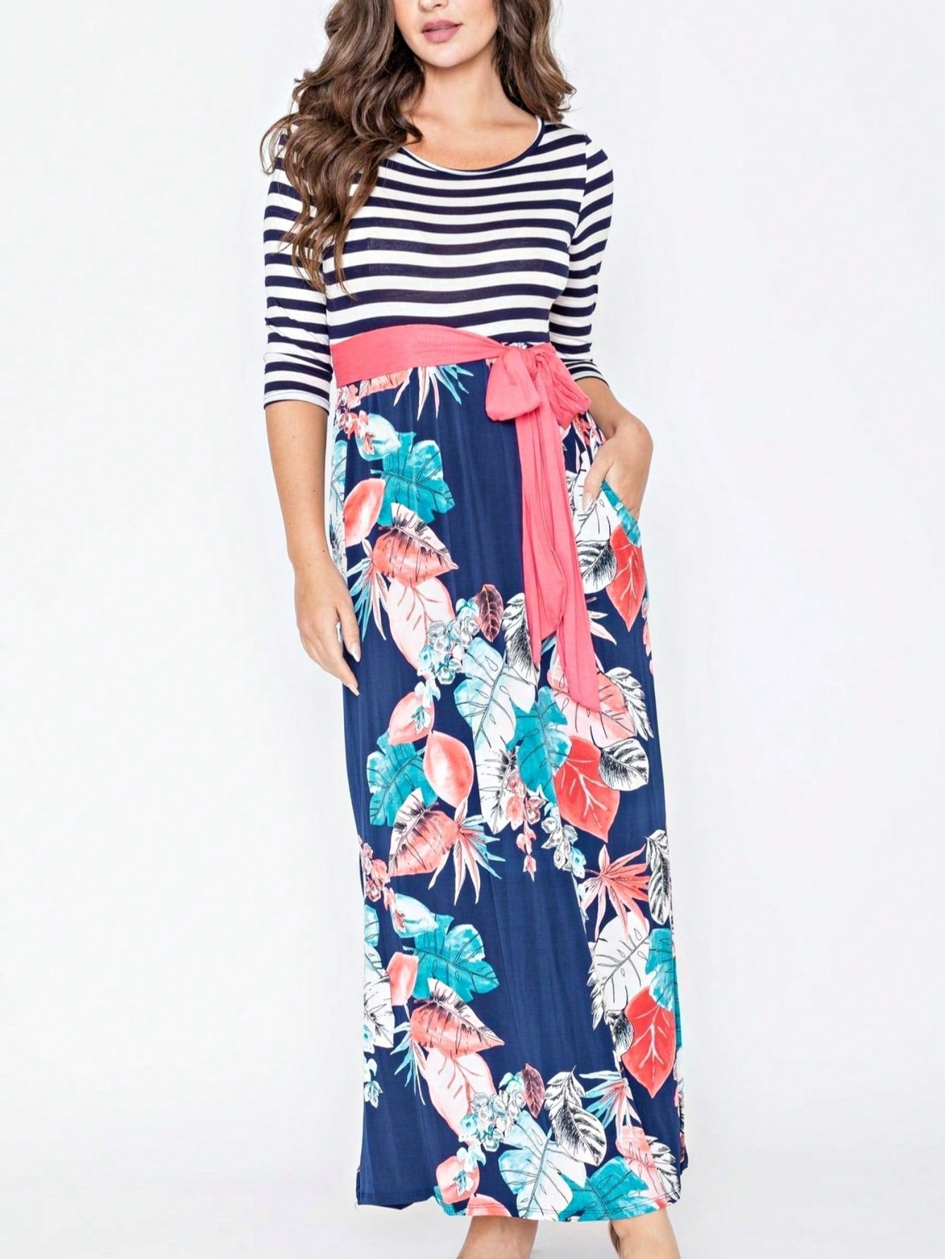 Multi Chevron Stripe Floral Sleeve Maxi Long Dress With Pocket | S-3X