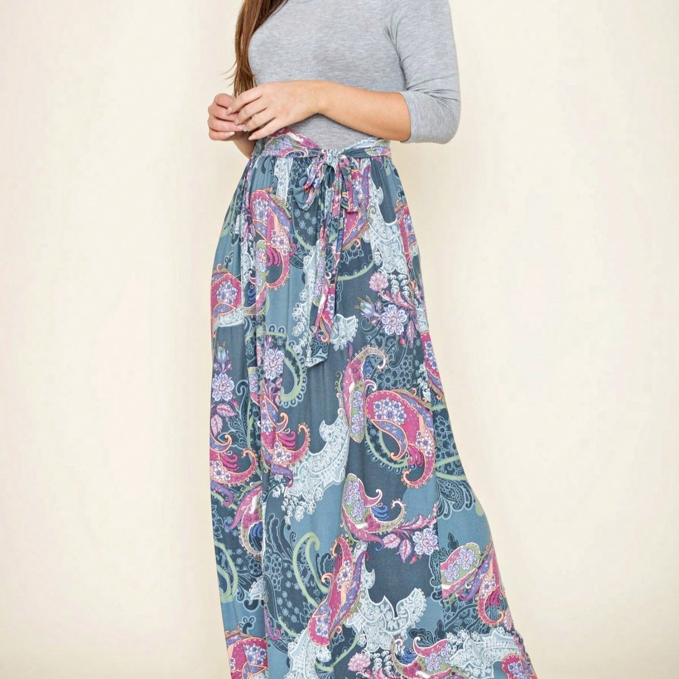 Multi Chevron Stripe Floral Sleeve Maxi Long Dress With Pocket | S-3X