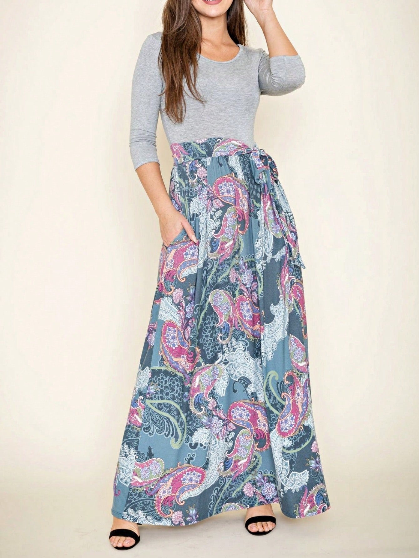 Multi Chevron Stripe Floral Sleeve Maxi Long Dress With Pocket | S-3X