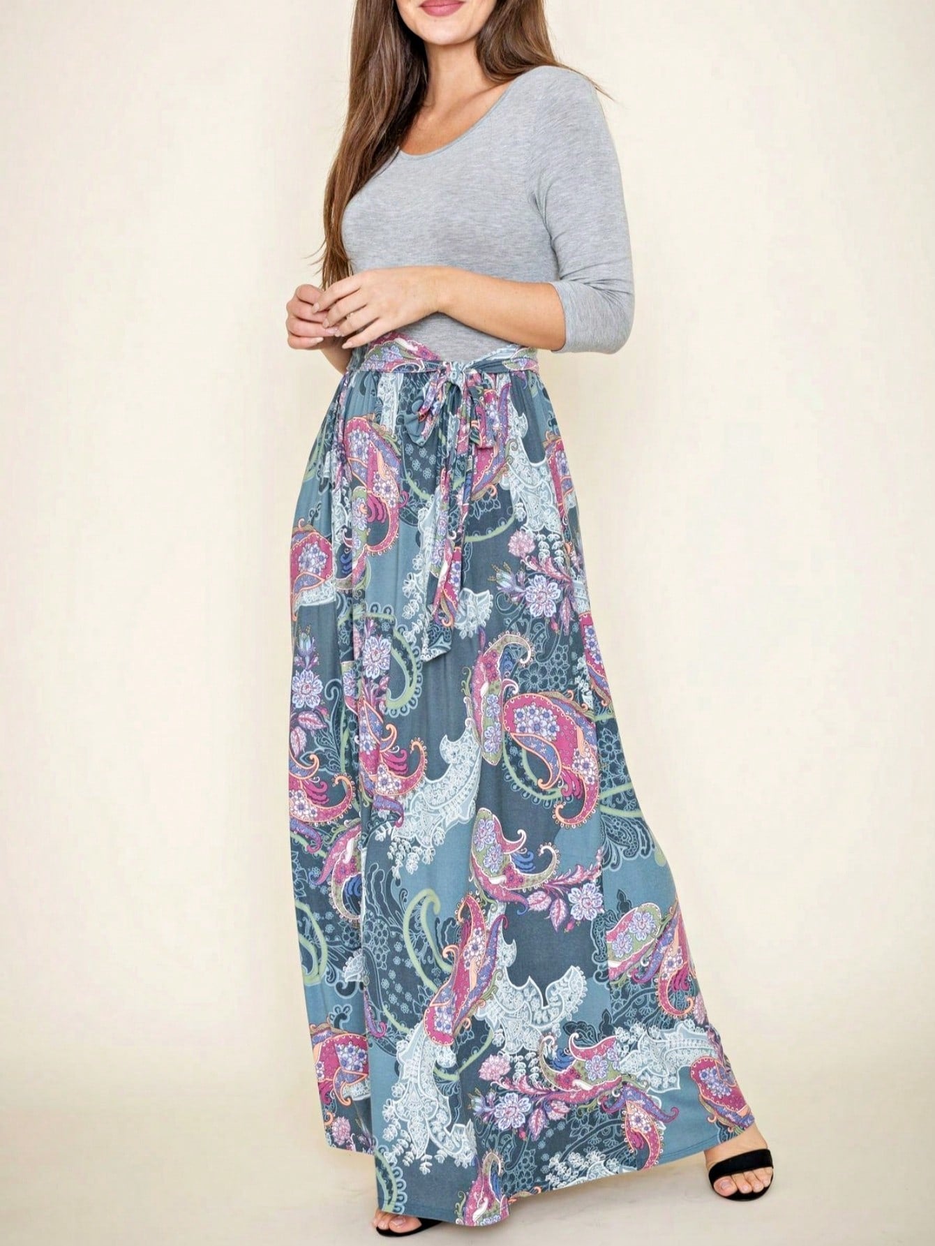 Multi Chevron Stripe Floral Sleeve Maxi Long Dress With Pocket | S-3X