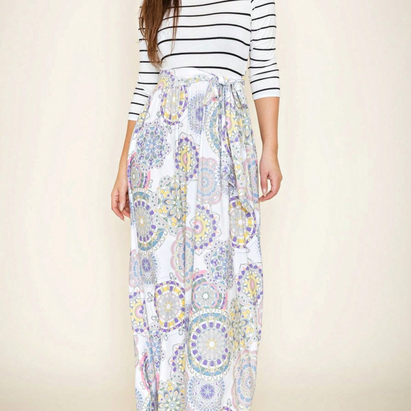 Multi Chevron Stripe Floral Sleeve Maxi Long Dress With Pocket | S-3X