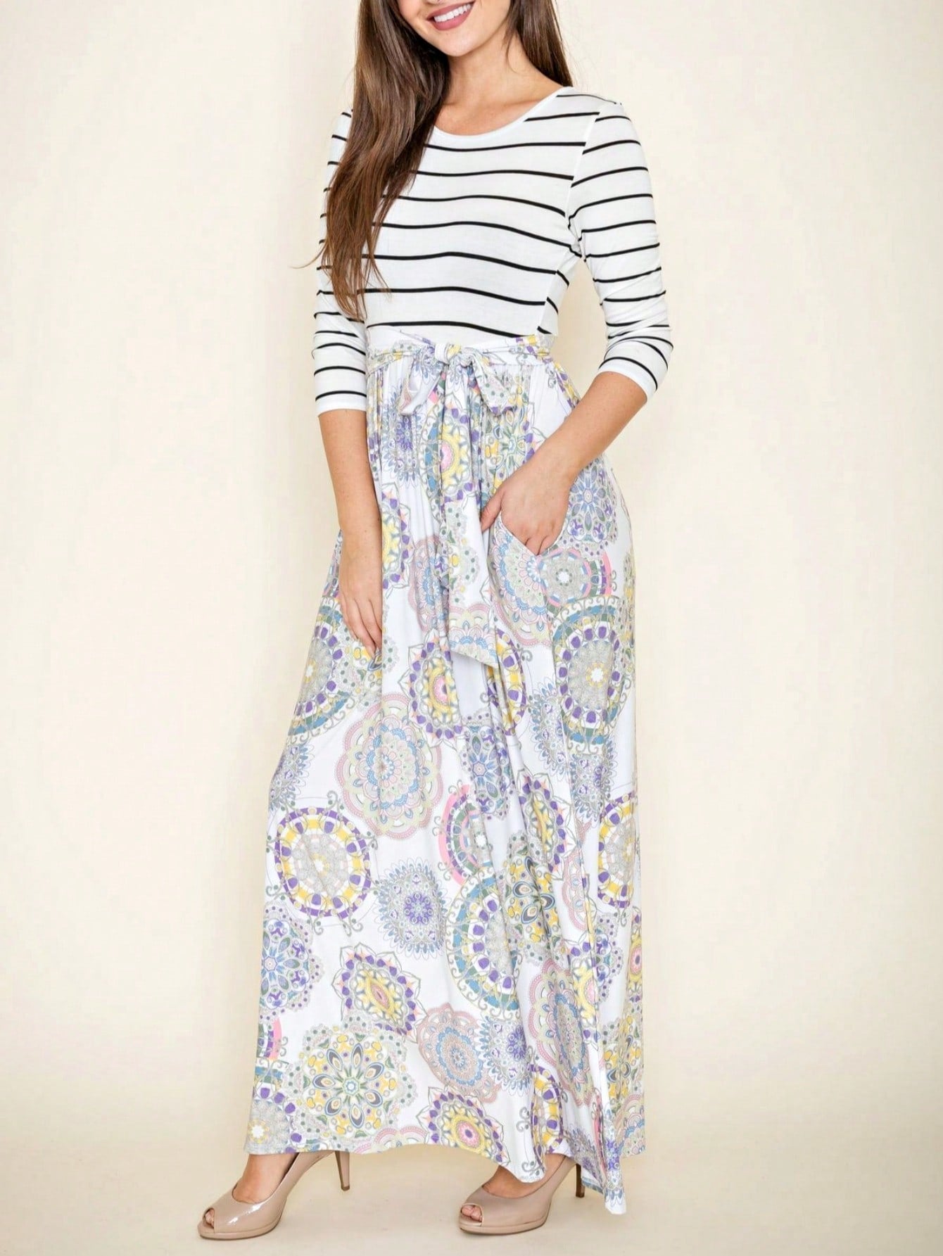 Multi Chevron Stripe Floral Sleeve Maxi Long Dress With Pocket | S-3X