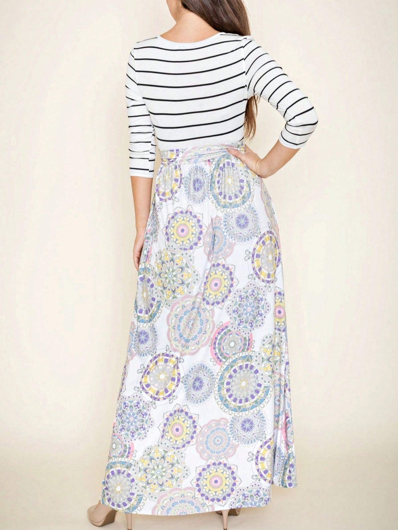 Multi Chevron Stripe Floral Sleeve Maxi Long Dress With Pocket | S-3X