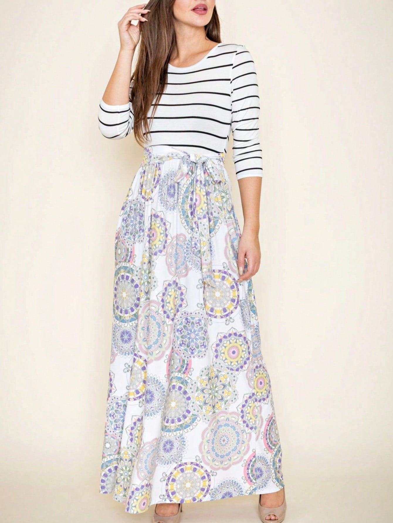 Multi Chevron Stripe Floral Sleeve Maxi Long Dress With Pocket | S-3X