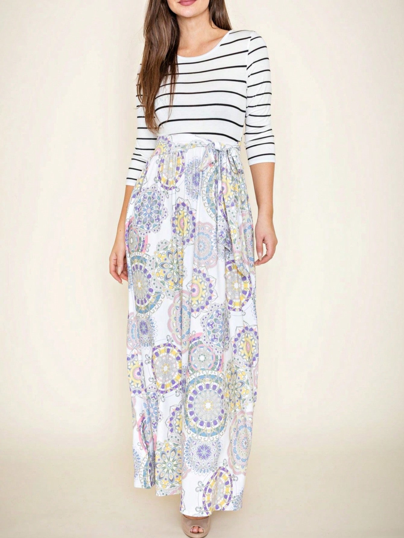 Multi Chevron Stripe Floral Sleeve Maxi Long Dress With Pocket | S-3X