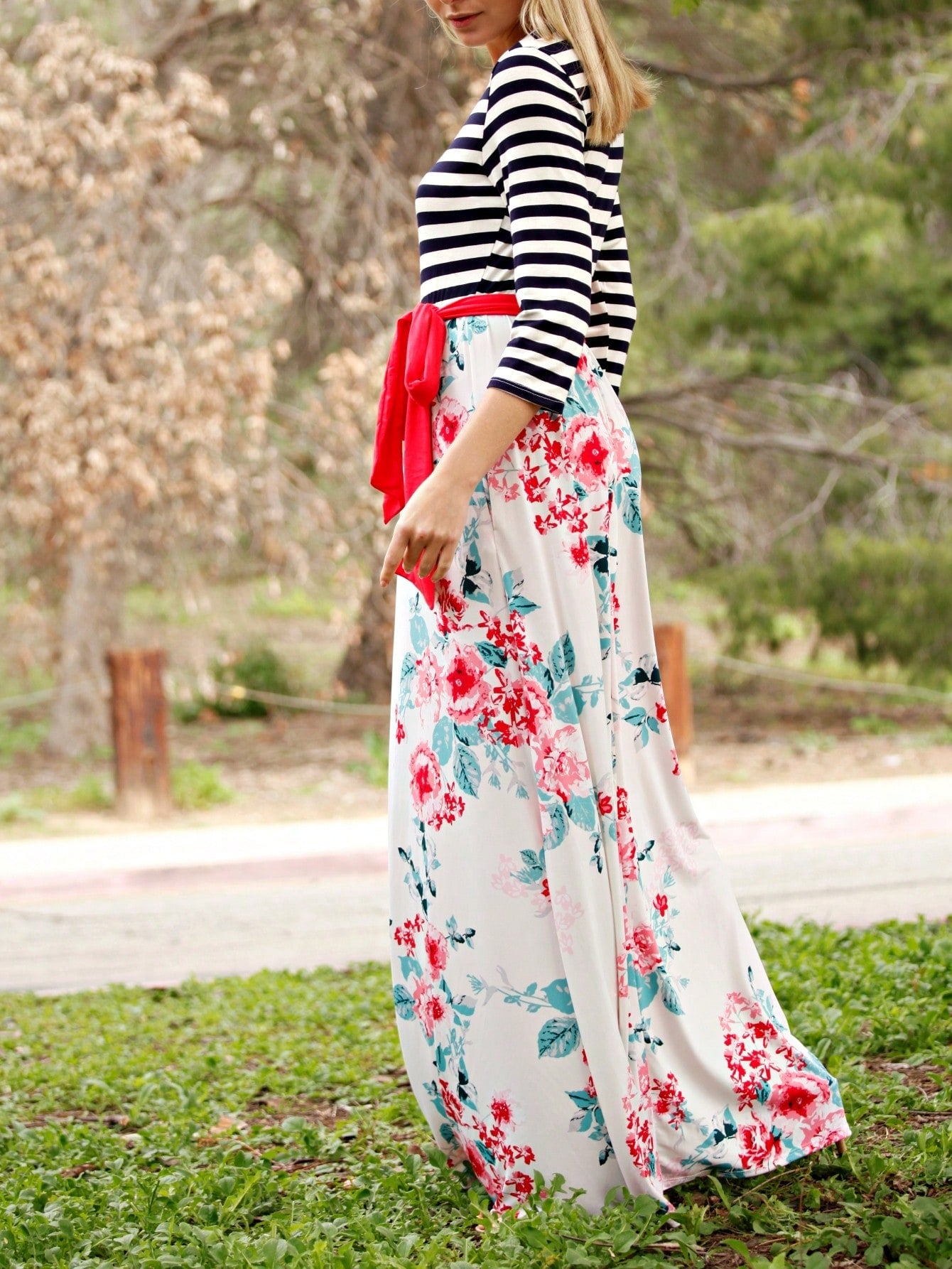 Multi Chevron Stripe Floral Sleeve Maxi Long Dress With Pocket | S-3X