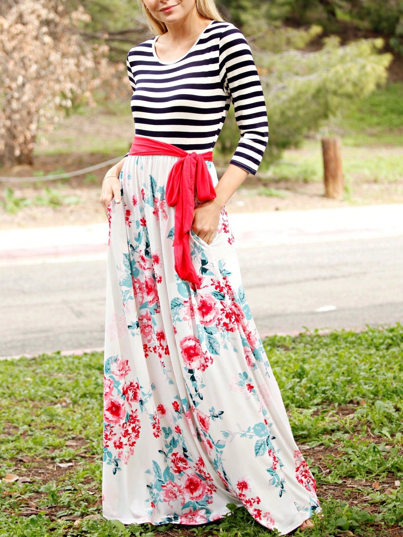 Multi Chevron Stripe Floral Sleeve Maxi Long Dress With Pocket | S-3X