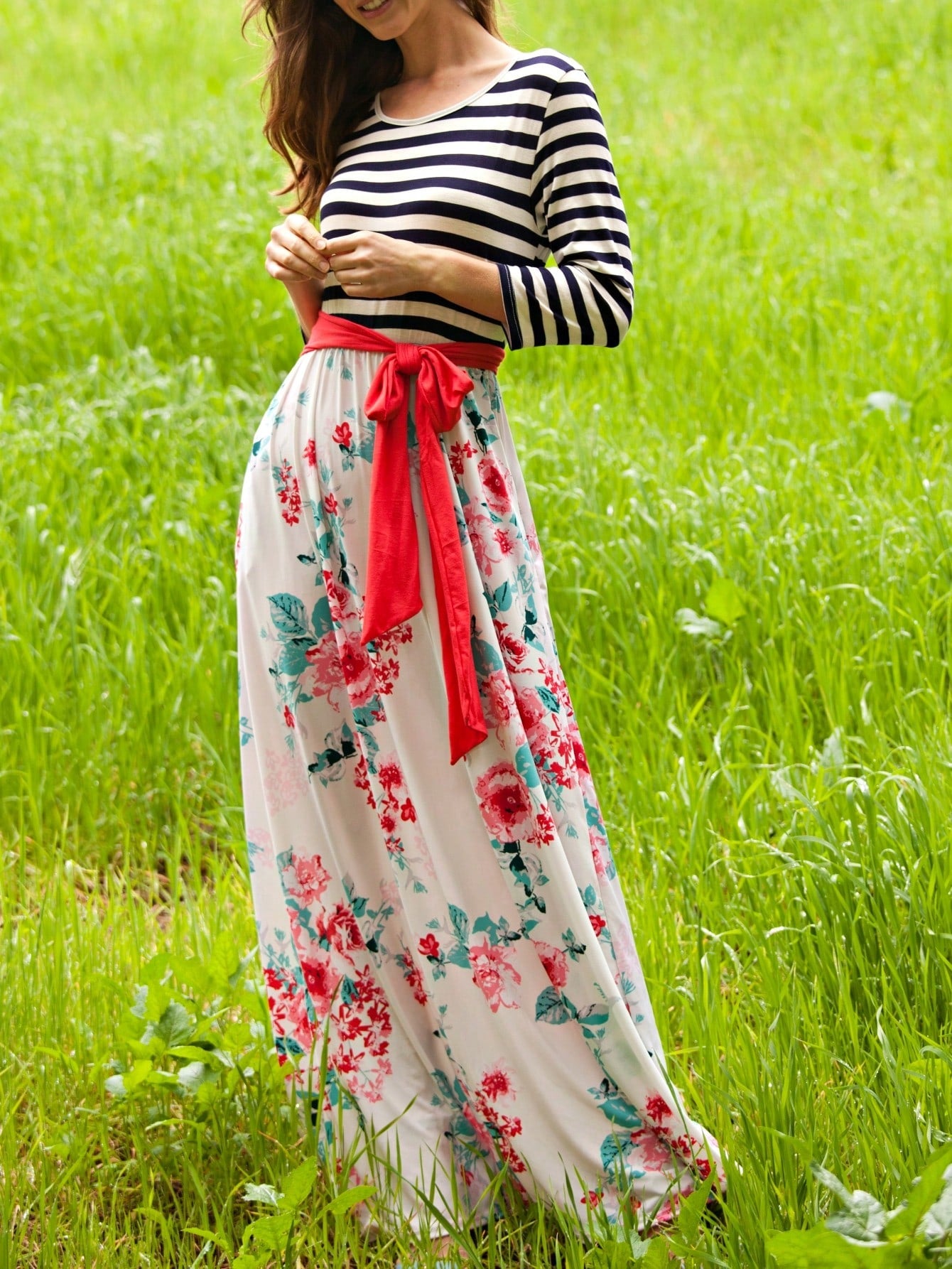 Multi Chevron Stripe Floral Sleeve Maxi Long Dress With Pocket | S-3X