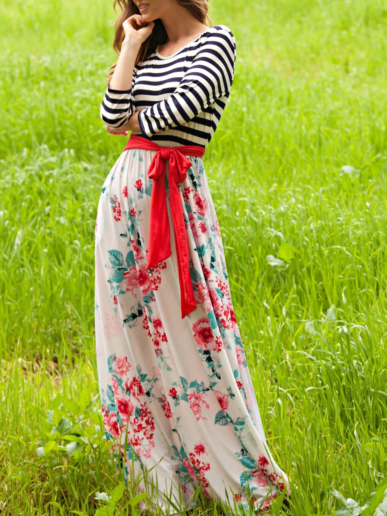 Multi Chevron Stripe Floral Sleeve Maxi Long Dress With Pocket | S-3X