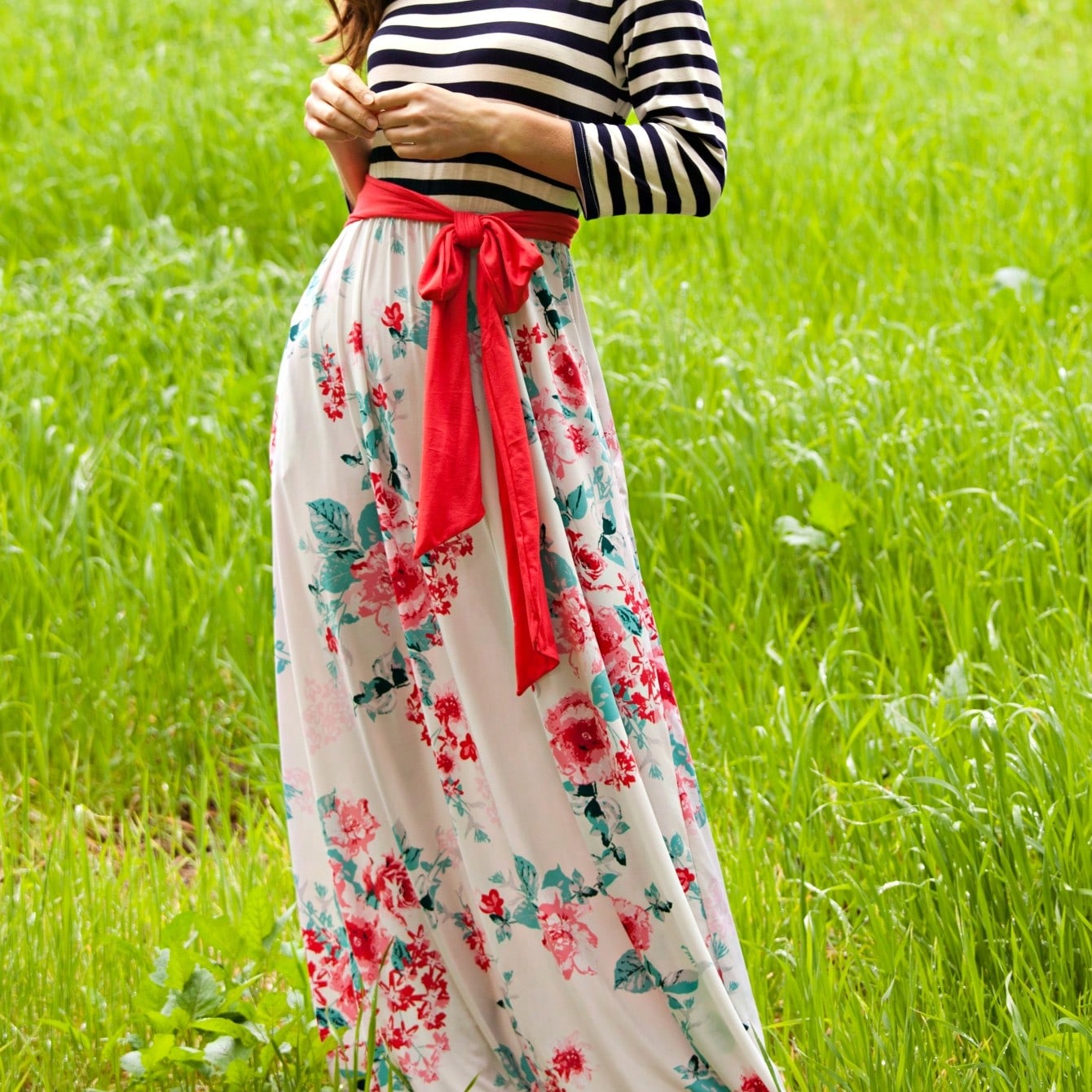 Multi Chevron Stripe Floral Sleeve Maxi Long Dress With Pocket | S-3X