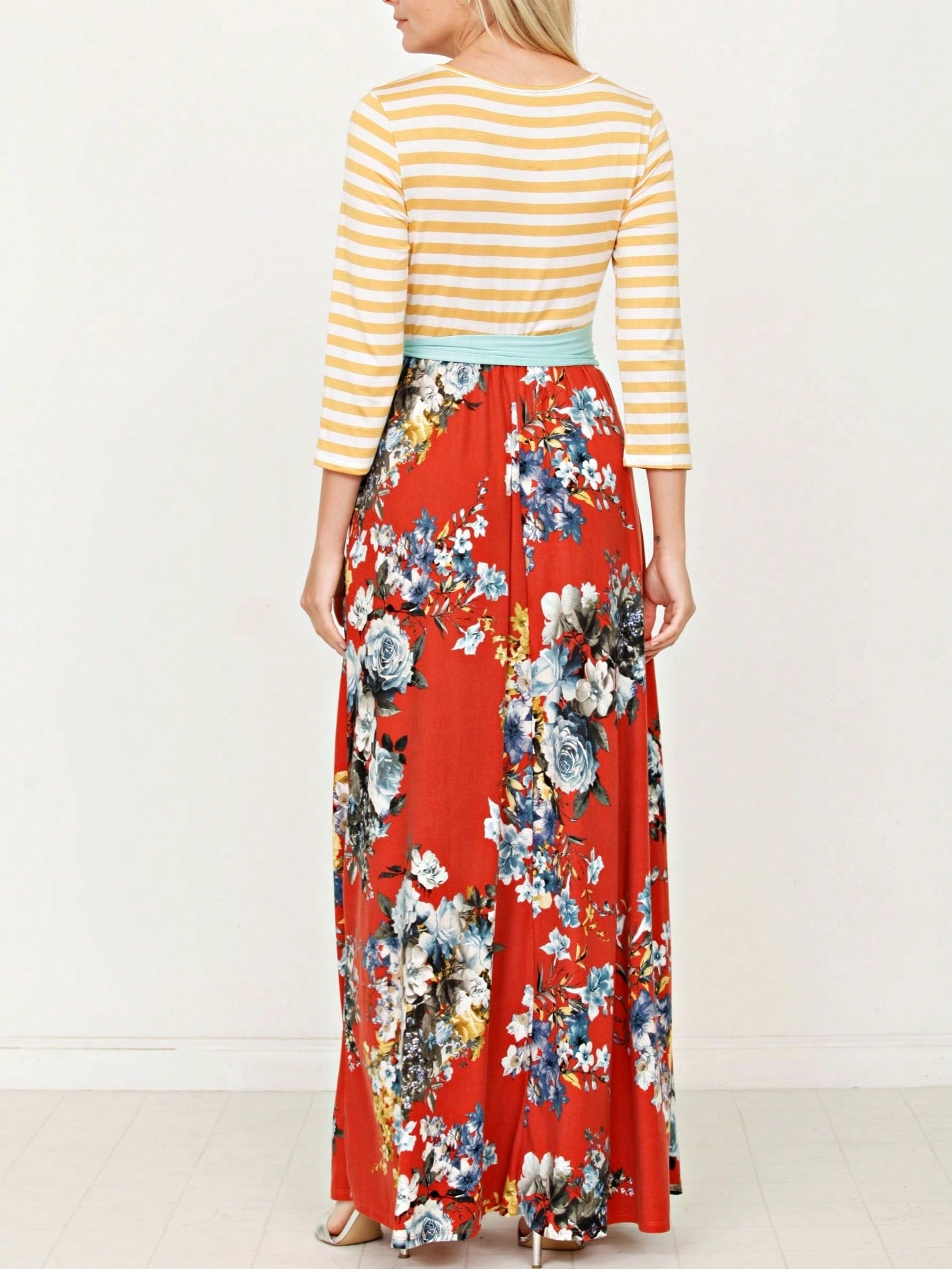 Multi Chevron Stripe Floral Sleeve Maxi Long Dress With Pocket | S-3X