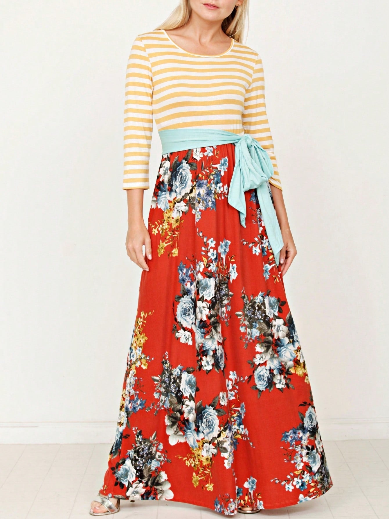 Multi Chevron Stripe Floral Sleeve Maxi Long Dress With Pocket | S-3X
