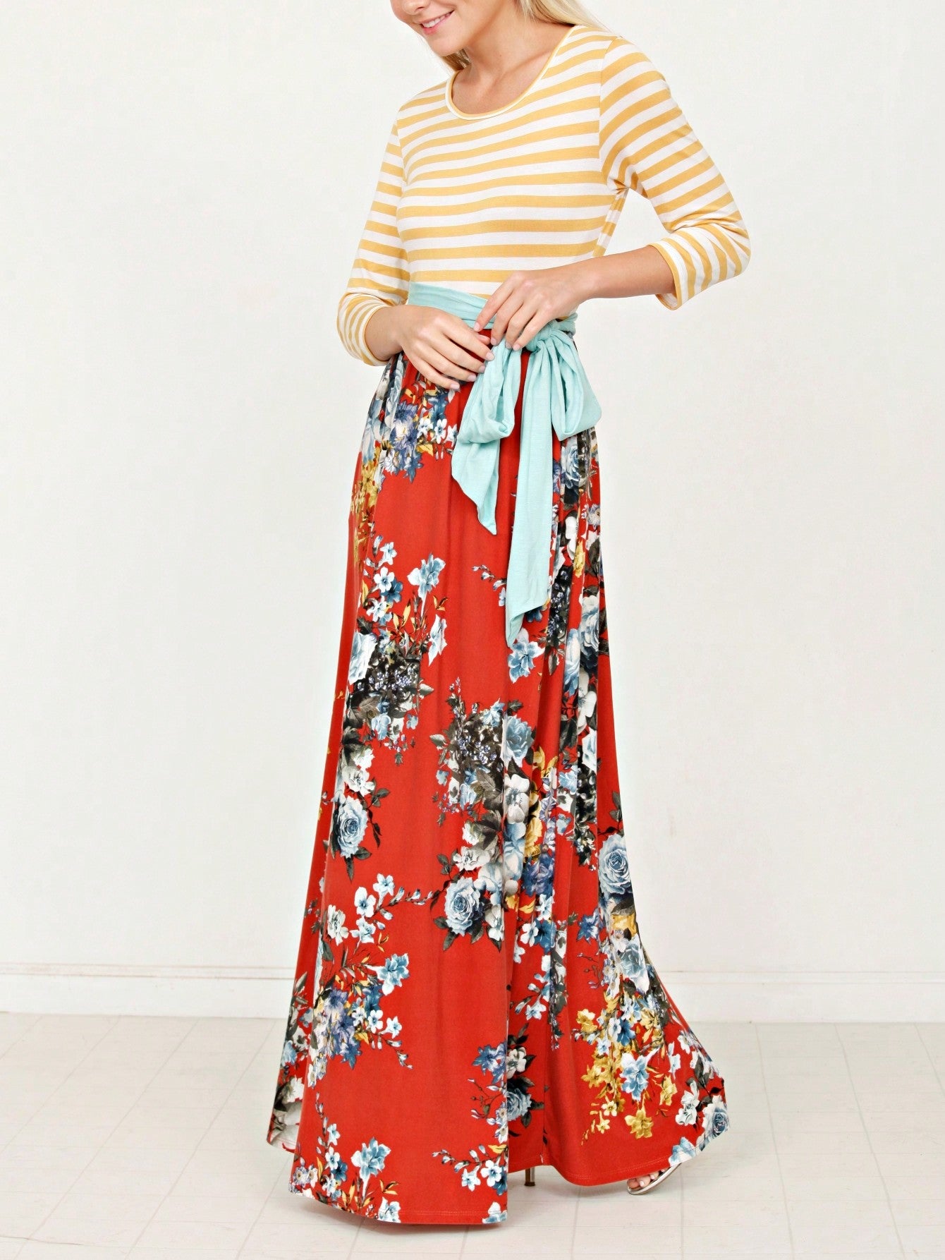 Multi Chevron Stripe Floral Sleeve Maxi Long Dress With Pocket | S-3X