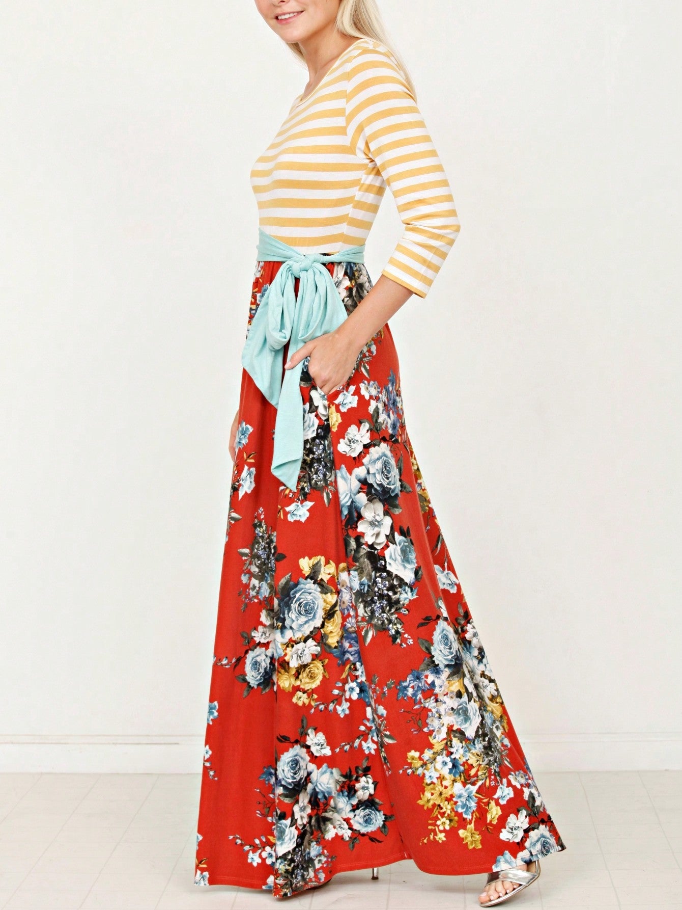 Multi Chevron Stripe Floral Sleeve Maxi Long Dress With Pocket | S-3X