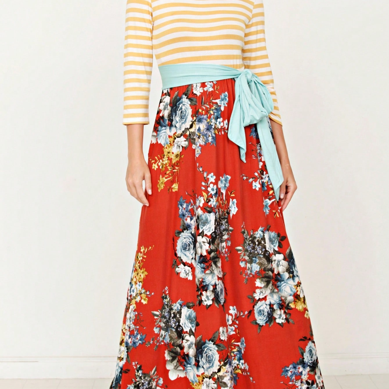 Multi Chevron Stripe Floral Sleeve Maxi Long Dress With Pocket | S-3X