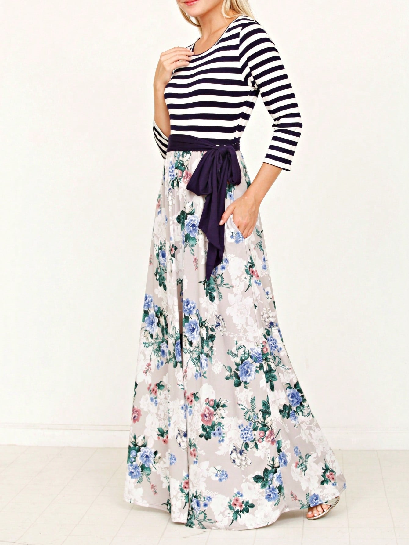 Multi Chevron Stripe Floral Sleeve Maxi Long Dress With Pocket | S-3X