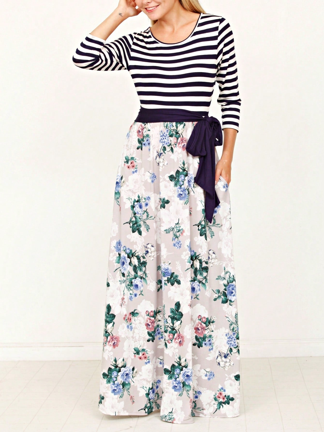 Multi Chevron Stripe Floral Sleeve Maxi Long Dress With Pocket | S-3X
