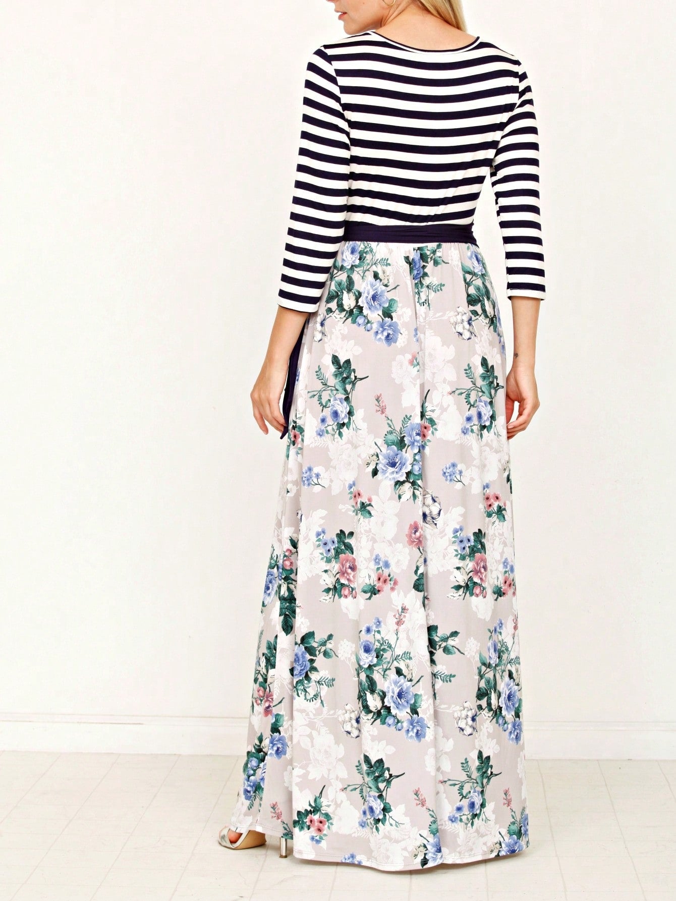 Multi Chevron Stripe Floral Sleeve Maxi Long Dress With Pocket | S-3X
