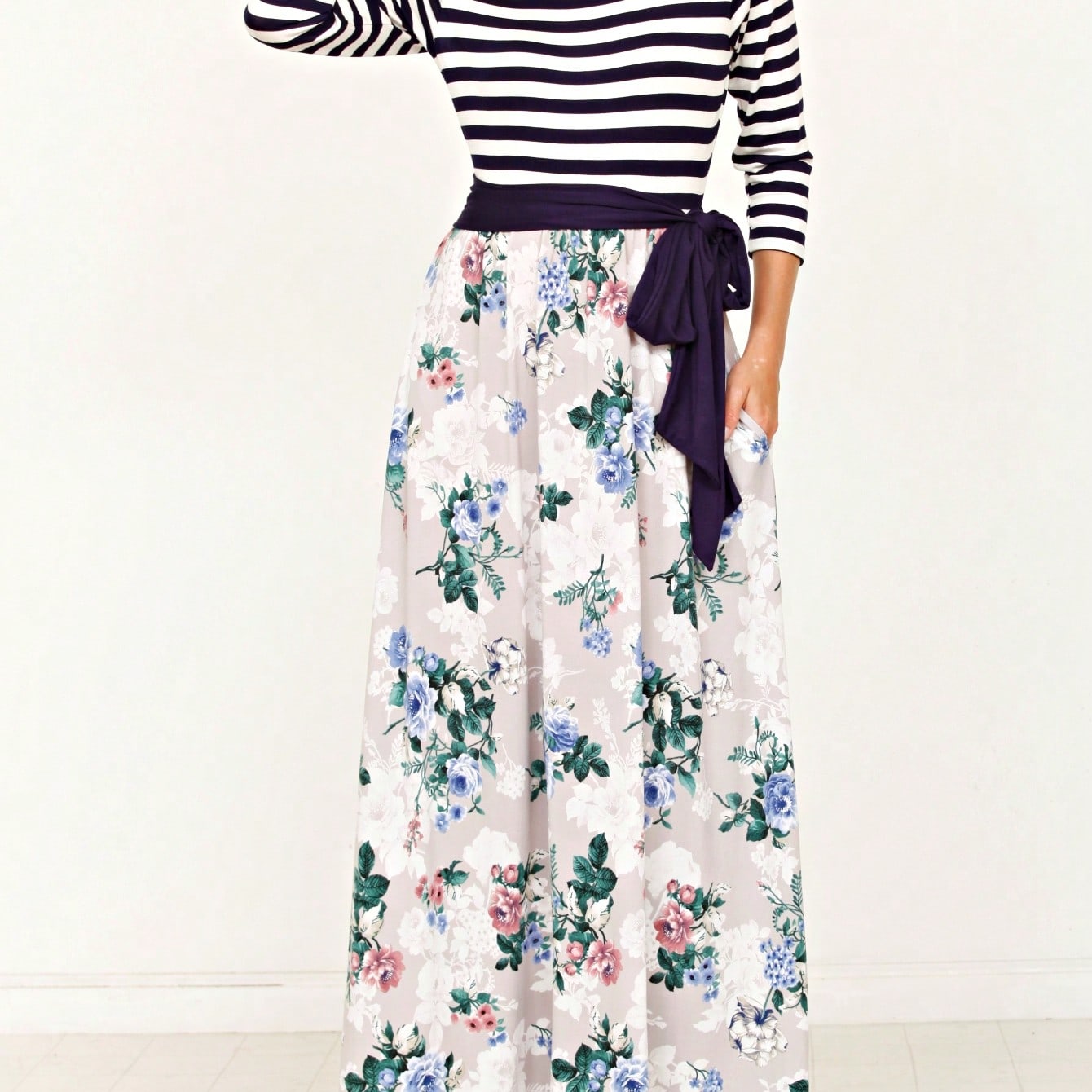 Multi Chevron Stripe Floral Sleeve Maxi Long Dress With Pocket | S-3X