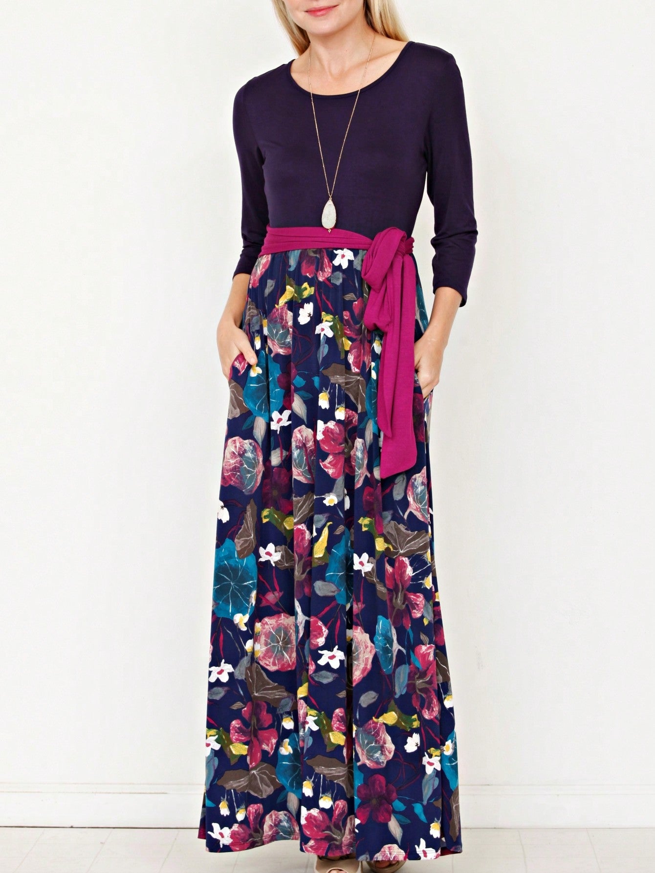 Multi Chevron Stripe Floral Sleeve Maxi Long Dress With Pocket | S-3X