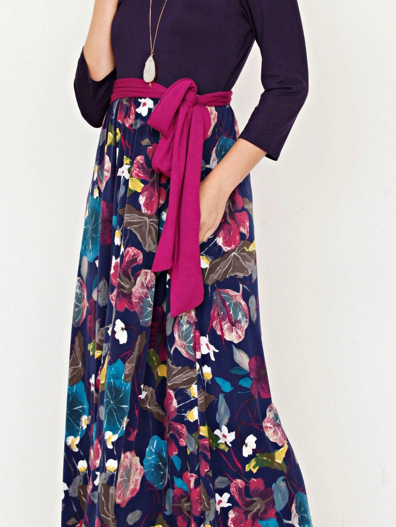 Multi Chevron Stripe Floral Sleeve Maxi Long Dress With Pocket | S-3X