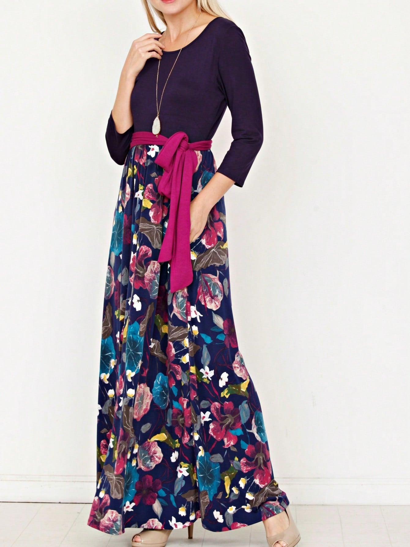 Multi Chevron Stripe Floral Sleeve Maxi Long Dress With Pocket | S-3X