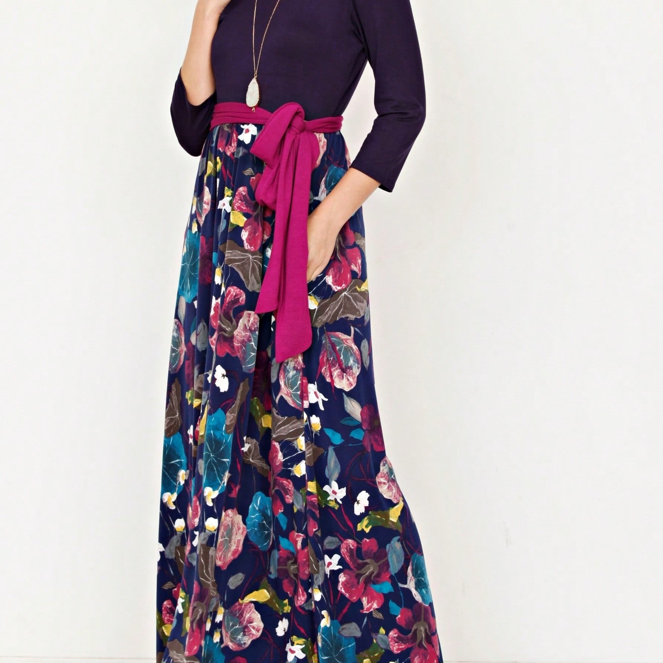 Multi Chevron Stripe Floral Sleeve Maxi Long Dress With Pocket | S-3X
