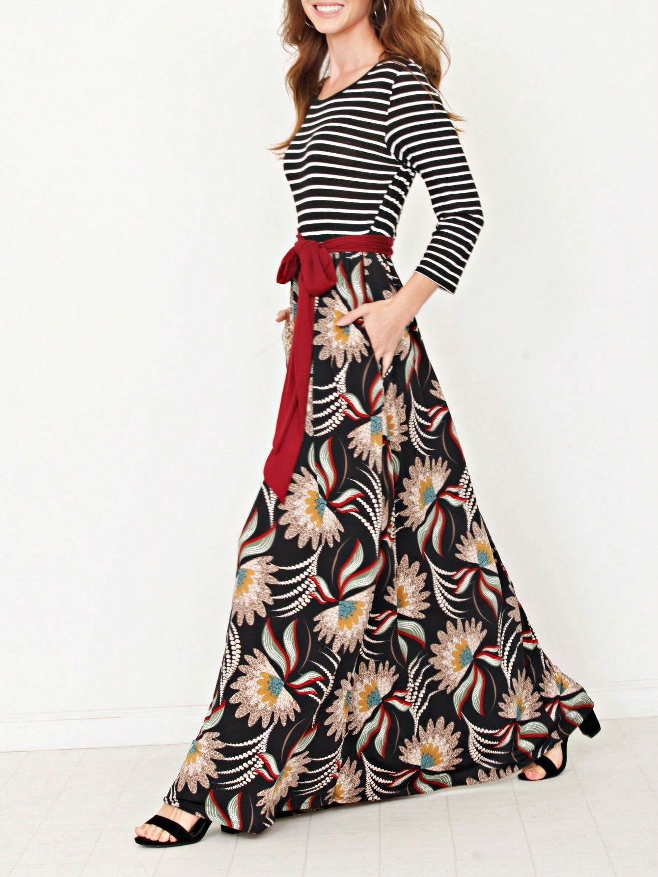 Multi Chevron Stripe Floral Sleeve Maxi Long Dress With Pocket | S-3X