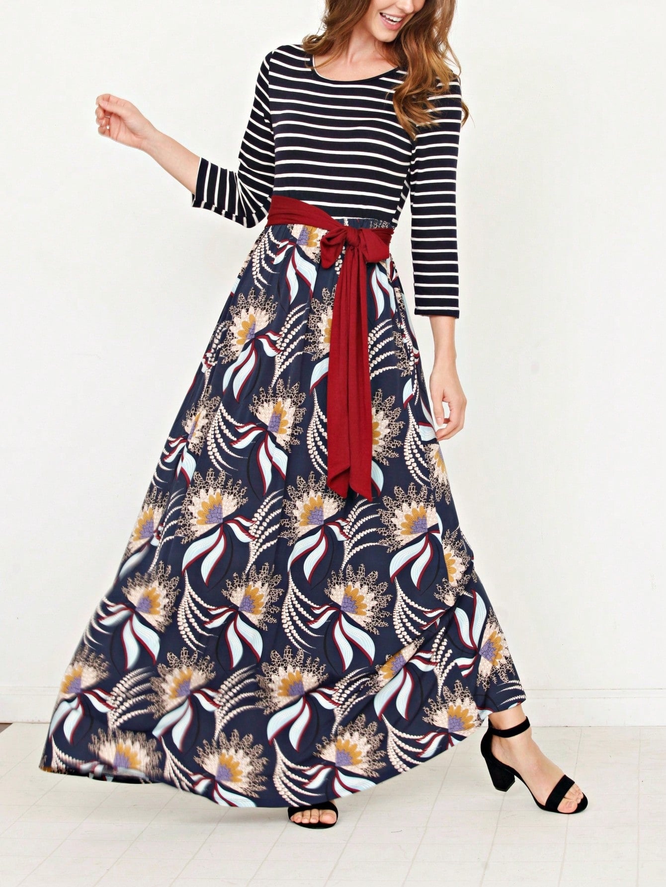 Multi Chevron Stripe Floral Sleeve Maxi Long Dress With Pocket | S-3X