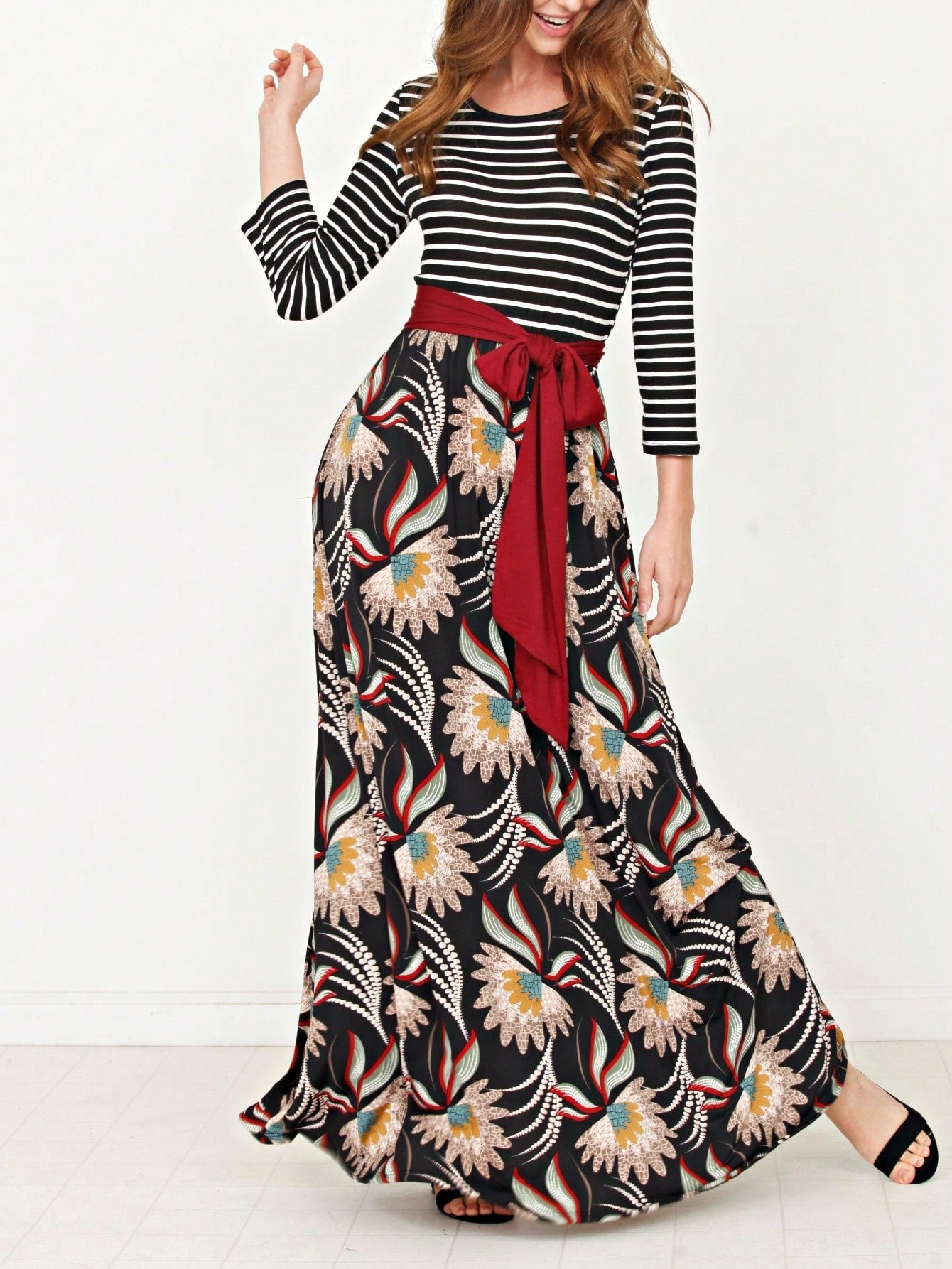 Multi Chevron Stripe Floral Sleeve Maxi Long Dress With Pocket | S-3X